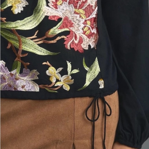 Anthropologie Tiny Floral Embroidered Black Top - Picture 3 of 11